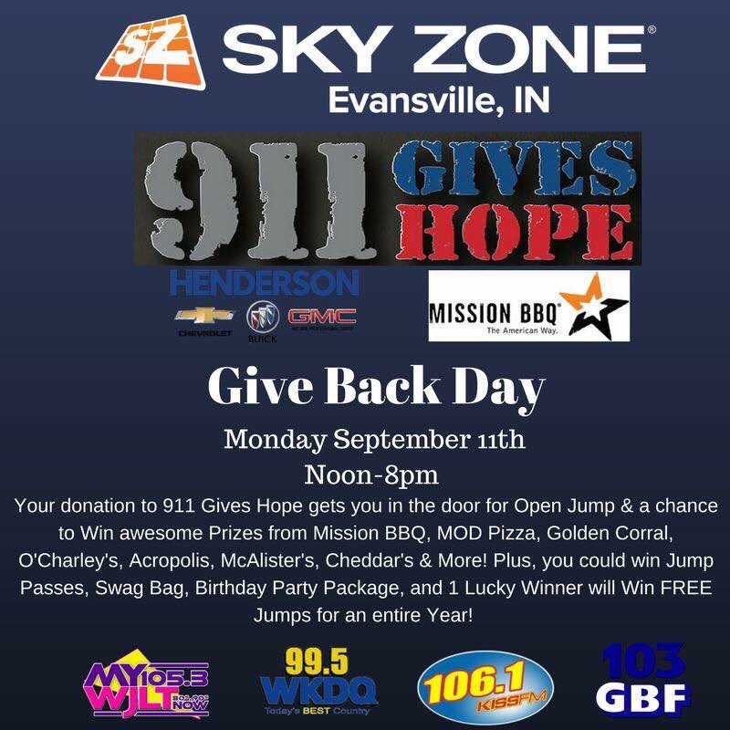 Thank you <a href="/skyzone/">Sky Zone</a> Evansville for having this event for <a href="/911GivesHope/">Guns & Hoses X</a> ! Proceeds go to help area kids and you can win some awesome prizes.