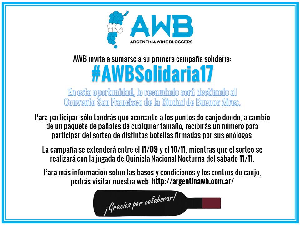 ArgWineBloggers's tweet image. Inicio oficial #AWBSolidaria17 Sumate con un paquete de pañales, participá x grandes vinos autografiados x enólogos 
argentinawb.com.ar/wp/awbsolidari…