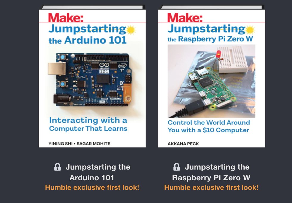 make's tweet image. FINAL HOUR: Our @humble ends @ 10:59amPT TODAY. Includes 2 brand new books. bit.ly/humbleelectron… #Arduino #RaspberryPi