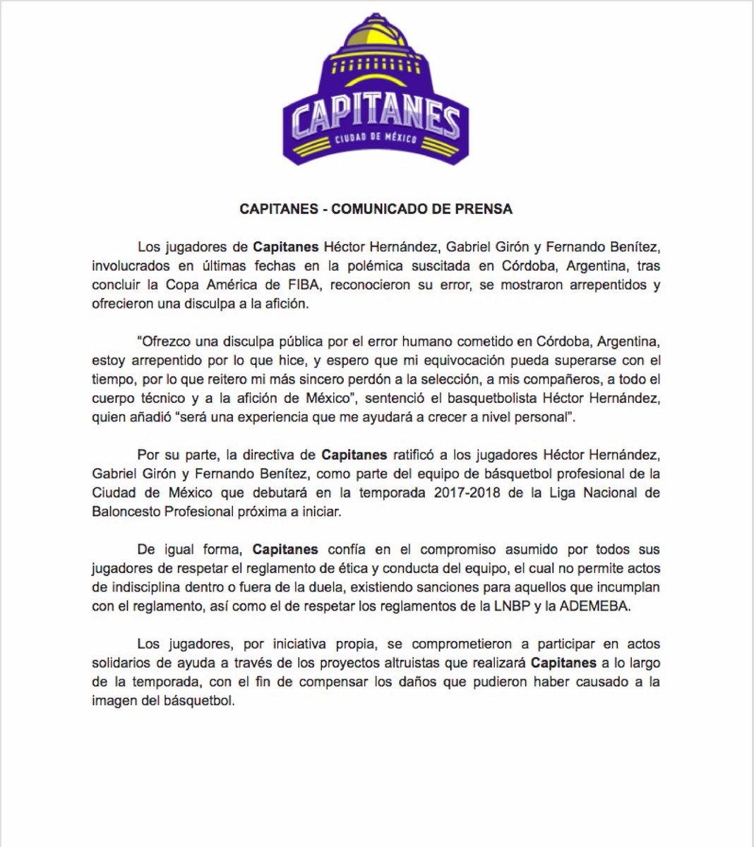 CapitanesCDMX's tweet image. Comunicado de prensa oficial Capitanes CDMX @Ramon_DDSS  @GabrielGironJr @12HHHernandez  #FernandoBenítez