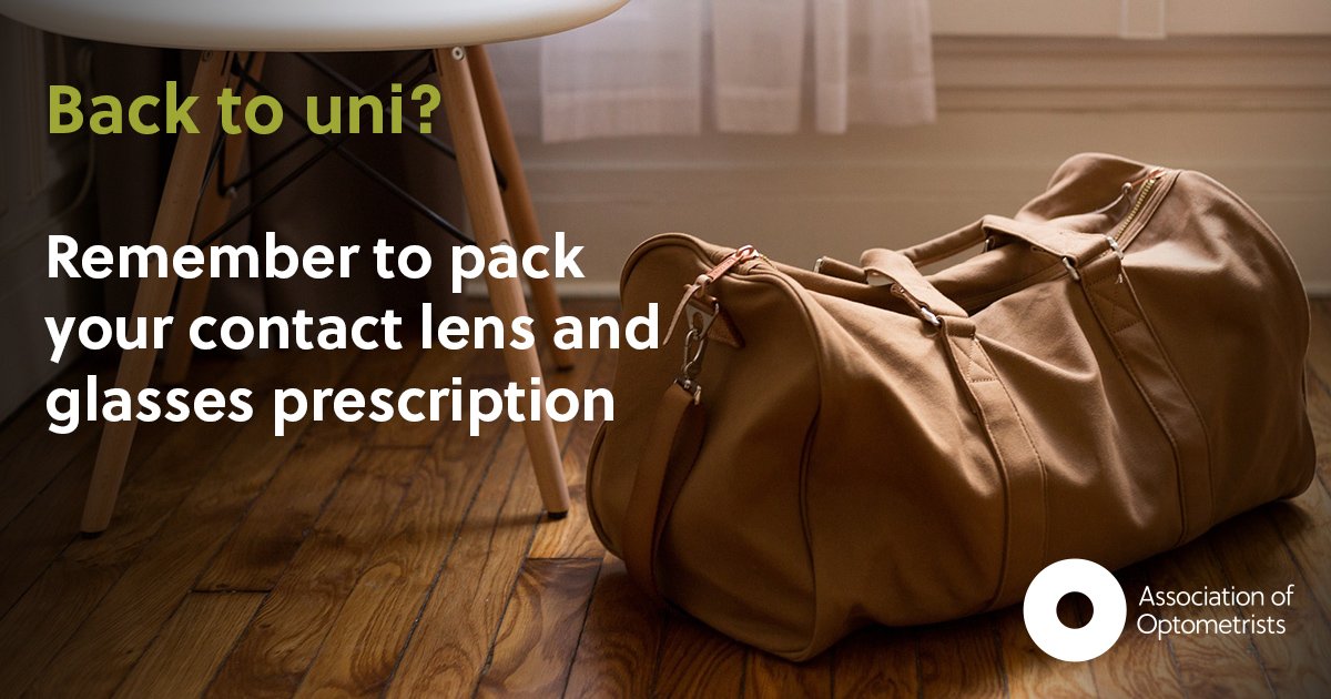 The_AOP's tweet image. If you’re returning to university this month make sure you pack your up to date glasses or contact lens prescription #UniversityEssentials
