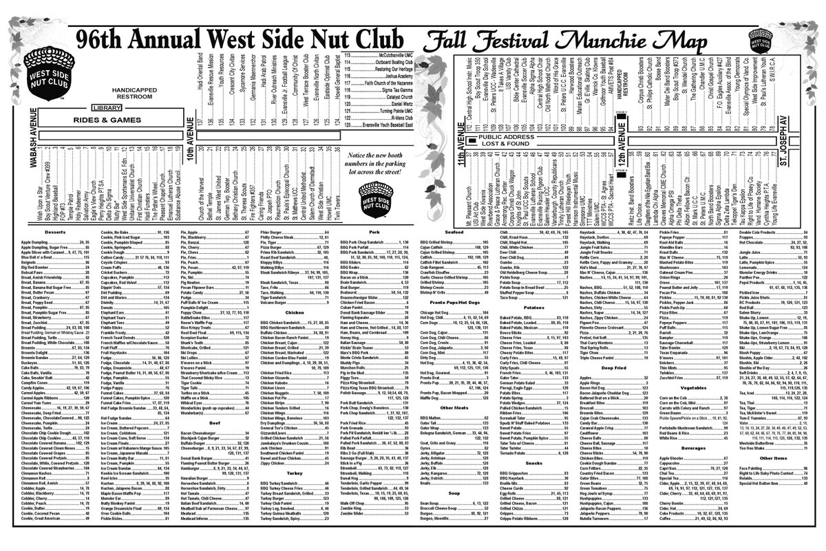 Evansville's tweet photo. The #MunchieMap for the @westsidenutclub Fall Festival is out! What do you plan to nosh this year? #96WSNCFF ππΏπ https://t.co/5I5chJmj7d https://t.co/CGY2451zdi
