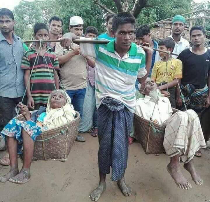 Myanmar zulmünden kaçan Arakanlı genç, yaşlı anne ve babasını Bangladeş sınırına kadar 7 gün boyunca omzuna astığı iki sepetle taşıdı.