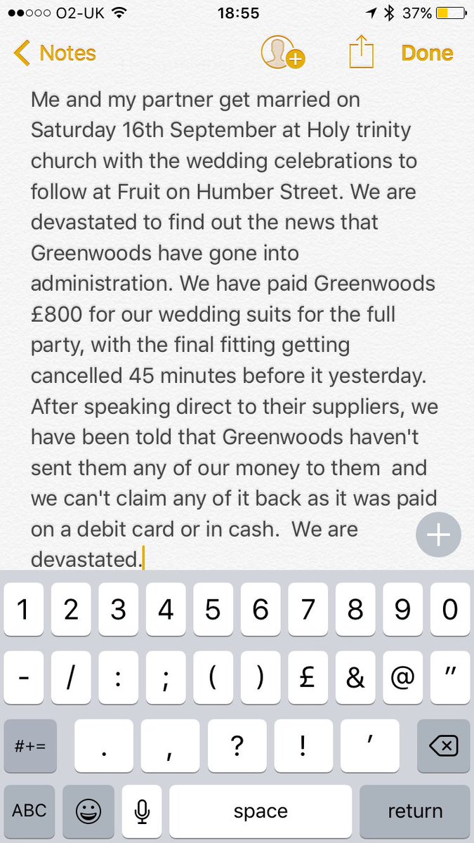 Get married on Saturday and found out yesterday that <a href="/GreenwoodsUK/">Greenwoods Menswear</a> have gone into administration <a href="/bbcburnsy/">David Burns</a> <a href="/looknorthBBC/">BBC East Yorkshire</a> @hulldailymail
