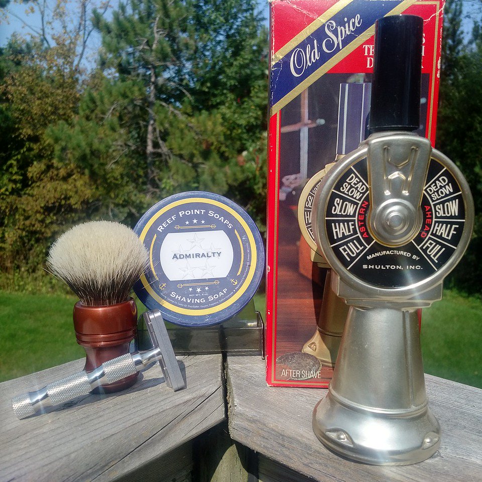 Alumigoose w/ <a href="/ikonrazors/">iKon Razors</a>  Bamboo Handle, <a href="/envyshave/">Nathan -Beard Slayer</a> DFS LE  <a href="/OldSpice/">Old Spice</a> Ships Telegraph Decanter, 1983-1986 ID 3628 <a href="/ReefPointSoaps/">Reef Point Soaps</a> Admiralty