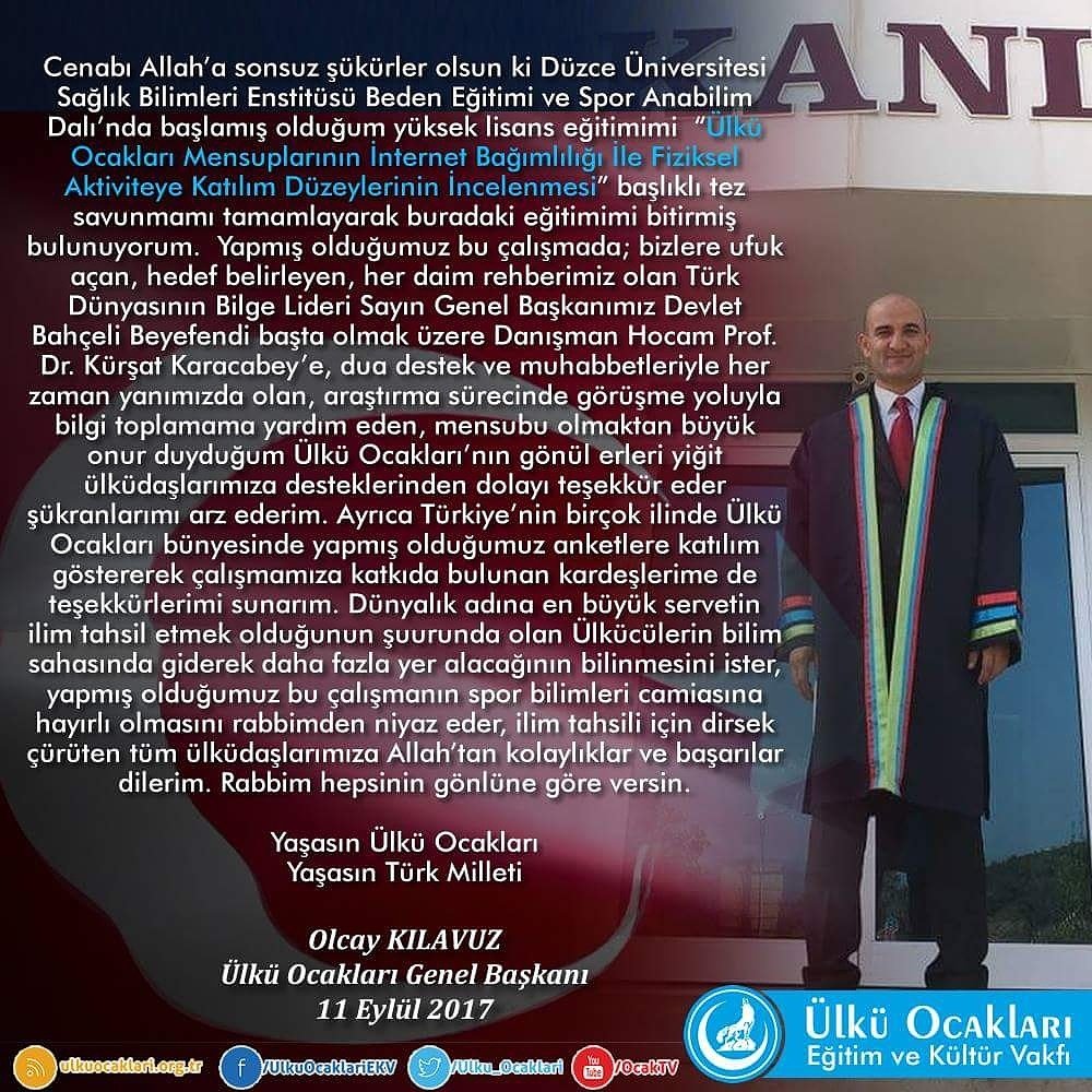 Yüksek Lisans eğitimini tamamlayan Genel Başkanımız Sn. Olcay KILAVUZ Beyefendi'yi tebrik ederim.