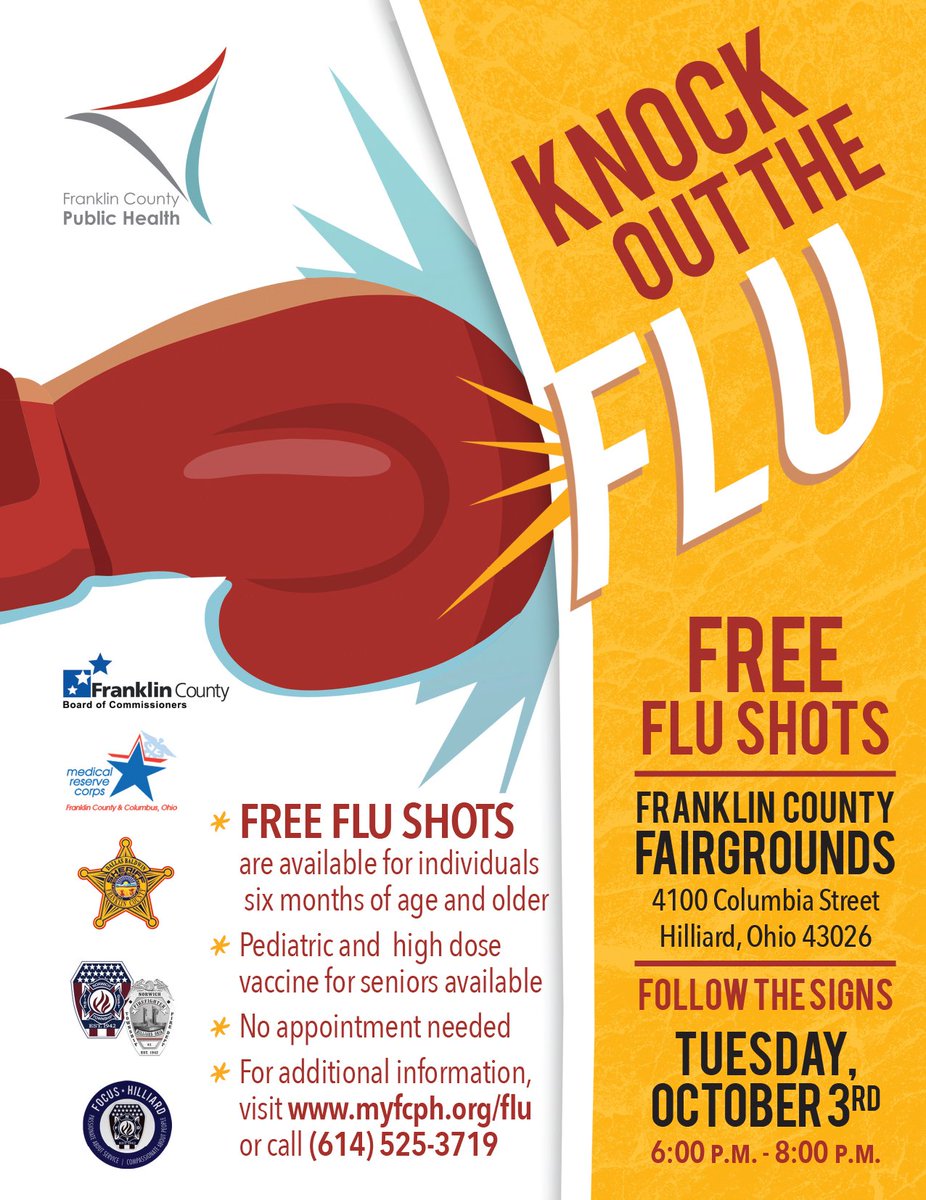 FC_PublicHealth's tweet photo. Join us Oct. 3 6-8 p.m.  at the Franklin County Fairgrounds in @HilliardGov. #freeflushots @NorwichTwpFD @OHFCSO @FCandCMRC @FranklinCoOhio https://t.co/HubpgXl3zk