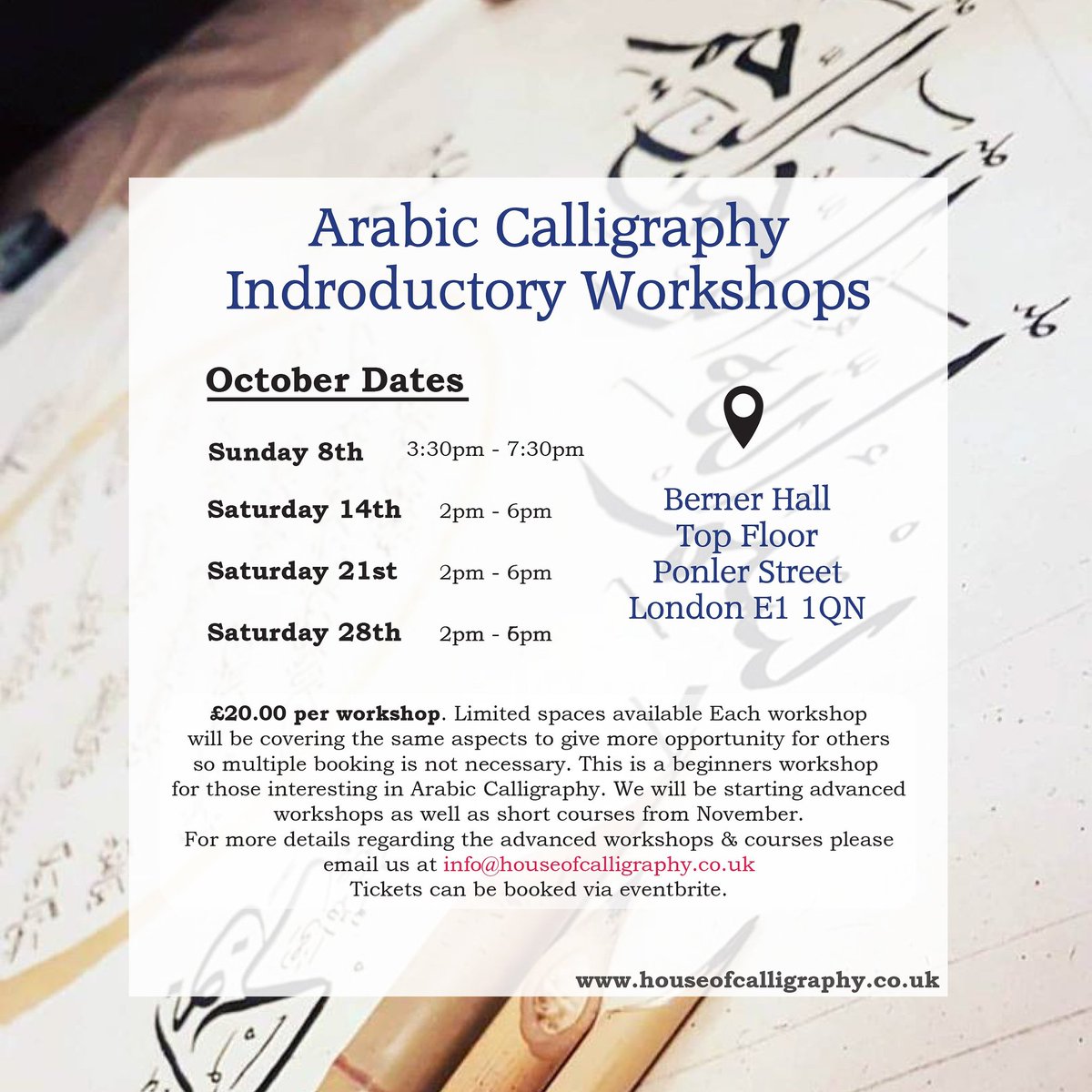 HoCalligraphy's tweet photo. #Arabic #Calligraphy #Workshops in #London this #October
Limited spaces available so do hurry! #HouseOfCalligraphy #IslamicArt https://t.co/1xbZ57Dkdv