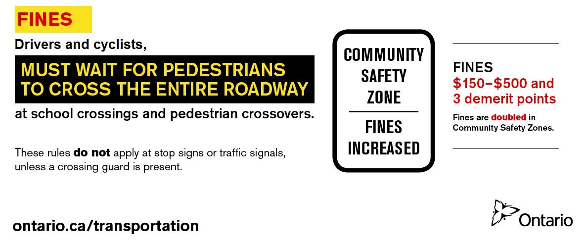 Drivers and cyclists, must wait for pedestrians to cross the entire roadway. #PedestrianSafety Ontario.ca/transportation