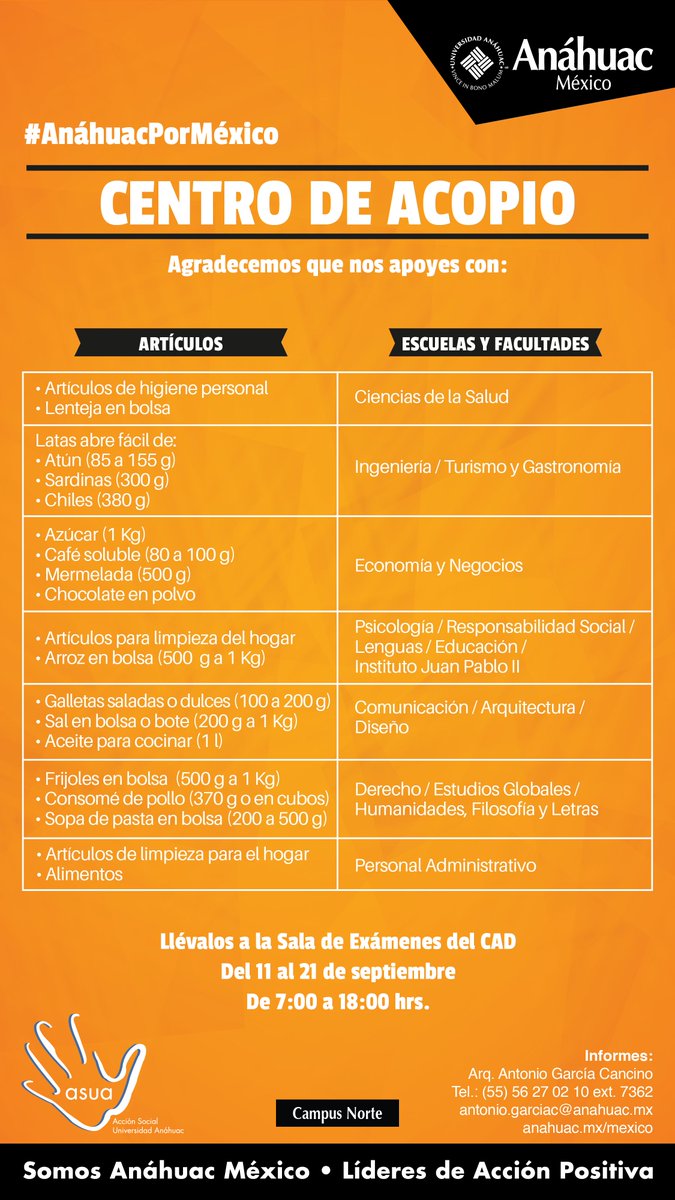 CENTRO DE ACOPIO.
Aquí puedes ver la lista de los artículos solicitados. #AnáhuacPorMéxico