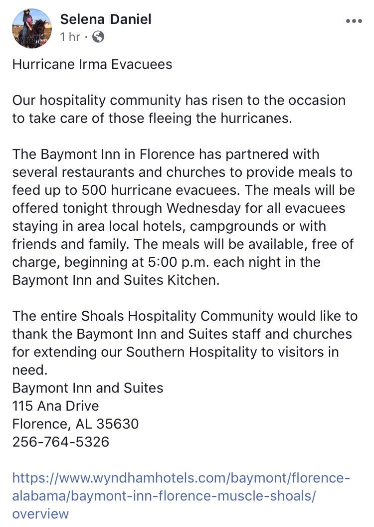 Hurricane #Irma Evacuees:
You are WELCOME in Florence, Alabama! Meals M-W for <500 #evacuees &amp; #families <a href="/BaymontInns/">Baymont by Wyndham</a>.
via @selenadawitch