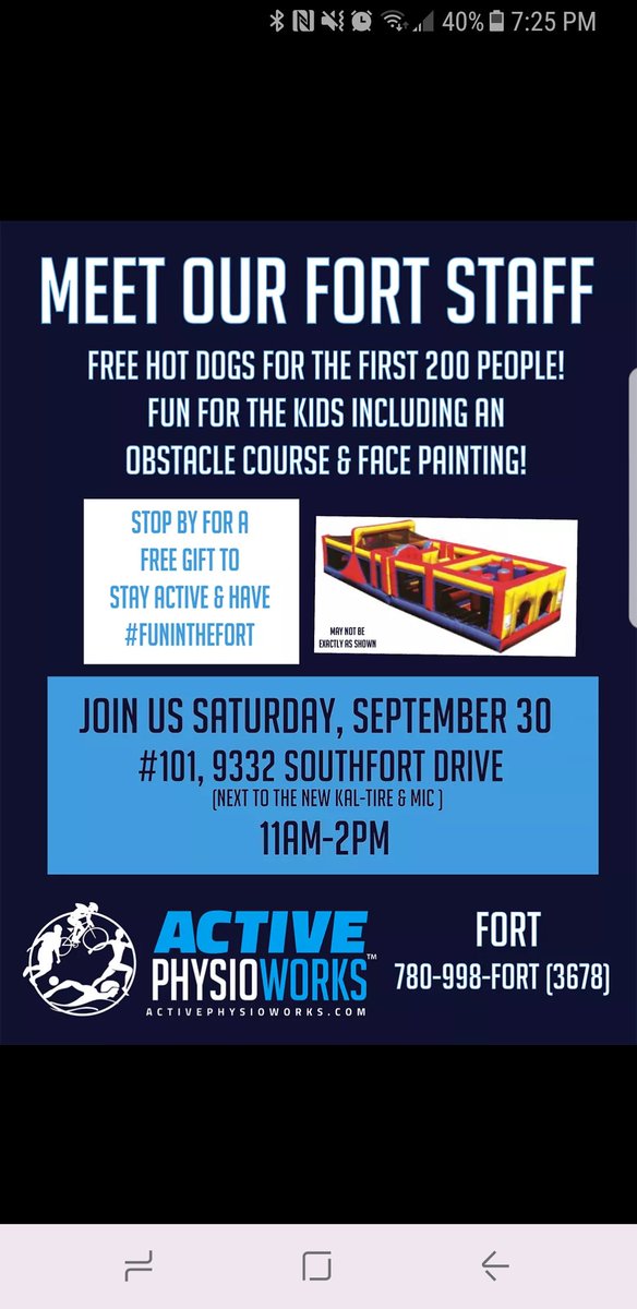 megsPTworks's tweet photo. Look for something fun to do with the family? Come visit @ActivePTWorks on September 30 at the clinic for some #funinthefort https://t.co/StLlUc1oTF