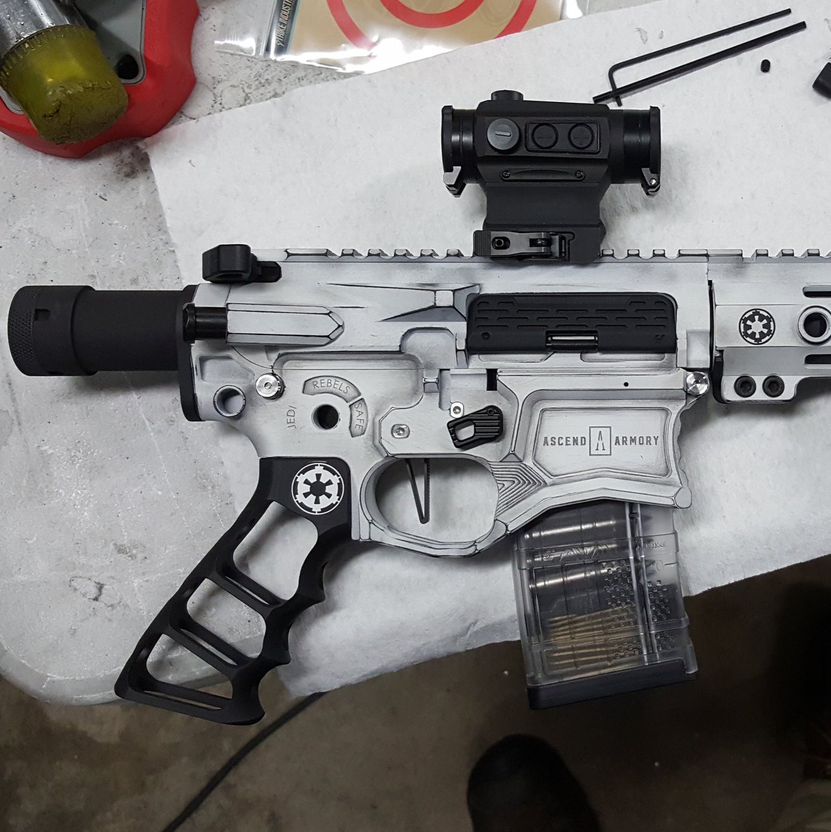 TacAdvanArmory's tweet photo. Partially assembeled teaser pic if the 300aac starwars blaster build.
#TiCamo #TiMuzzleBrake #starwars #blaster #300aac #300bo #muzzlebrake https://t.co/H3ELveYSgU