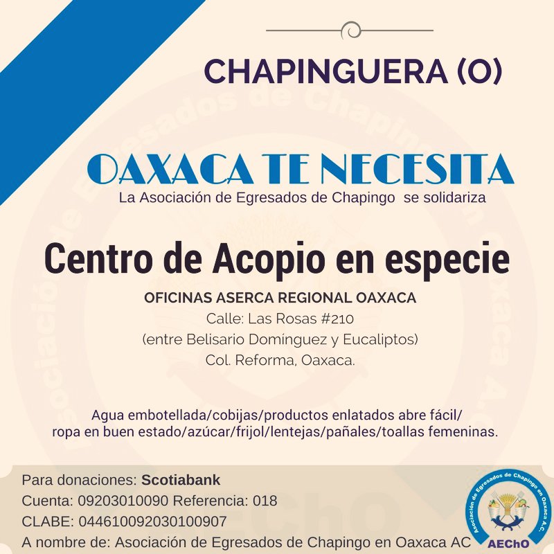 Aechoac's tweet photo. Apoyemos a las familias Oaxaqueñas afectadas por lluvias y #Sismo #OaxacaNosNecesita https://t.co/LbH37pHD5O