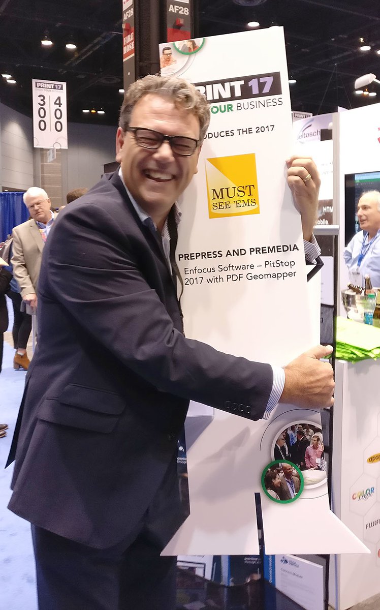 EnfocusSW's tweet photo. Could he be happier? Andrew, Senior Product Manager for PitStop, is one happy chap right now! #print17 #EnfocusSW https://t.co/GpxYle97mz