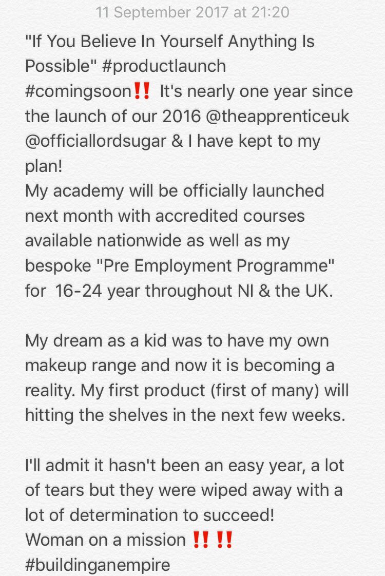 grainnemccoy_'s tweet photo. Thank you for the life changing opportunity @bbcapprentice @Lord_Sugar @claudelittner @karren_brady ... 🙏🏻 #makeupdream https://t.co/6wIUPbj3Rt