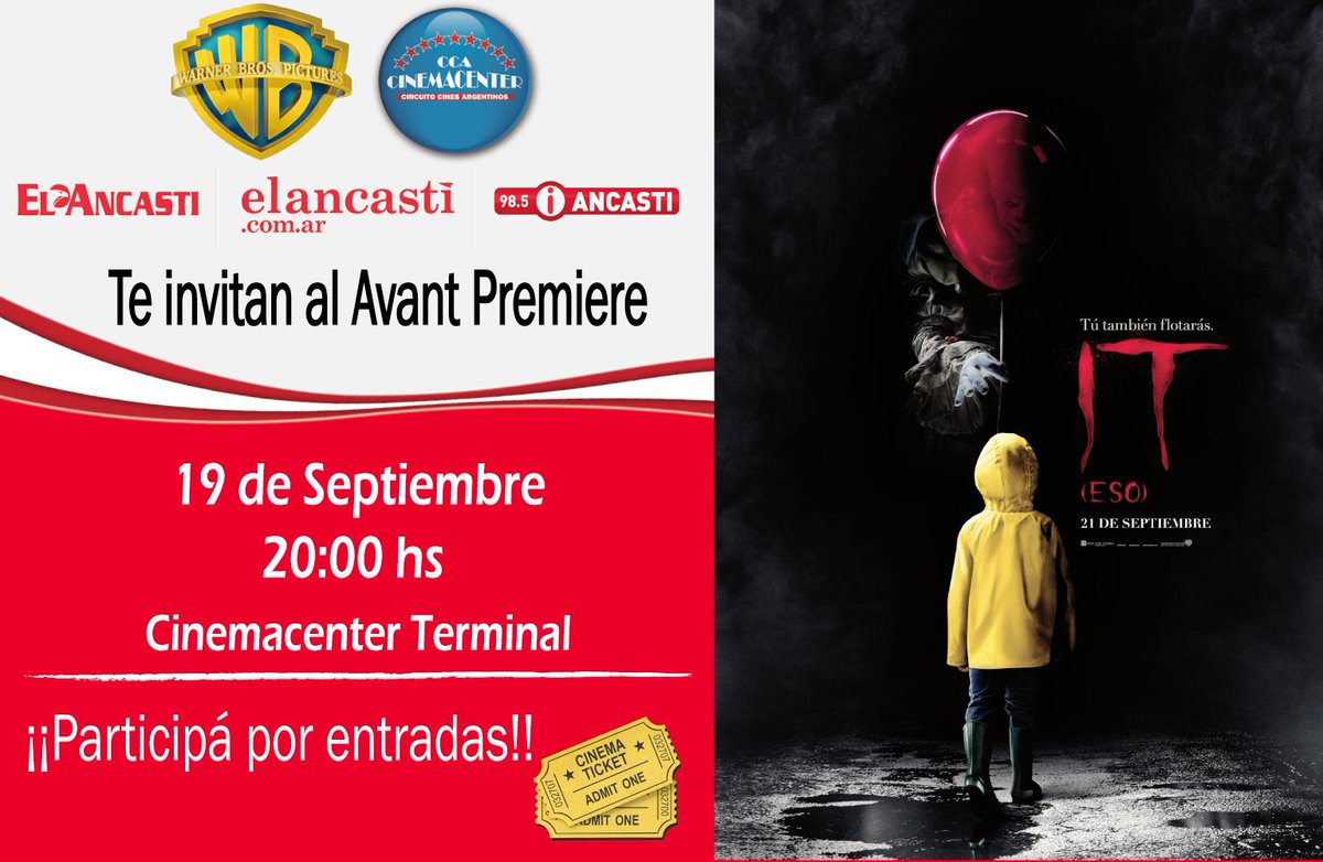 elancasti's tweet photo. Citá este tuit con el nombre de tu acompañante y participá por un par de entradas para ver el estreno de #IT el próximo 19 de septiembre https://t.co/V3NpKRxGyy