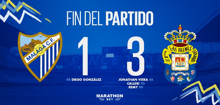 MalagaCF's tweet image. FINAL| #MálagaCF, 1 (Diego González, 48') - #UDLasPalmas, 3 (Viera, 45'; Calleri, 70'; Remy, 89'). #MálagaLasPalmas⚽️ #MCFLive