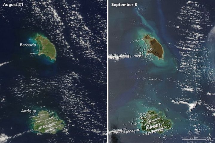 The destruction of Hurricane #Irma can be seen from space after the storm turns several Caribbean islands brown: go.nasa.gov/2f1cWY9