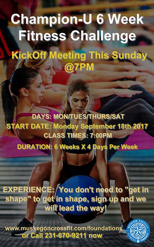 floatmyevent's tweet photo. Champion-U 6 Week Fitness Challenge
Muskegon CrossFit
Kickoff Meeting, Sunday, September 18, 2017
(231) 670-9211
https://t.co/pj6QDC2T1e https://t.co/AO8MAUkrT4