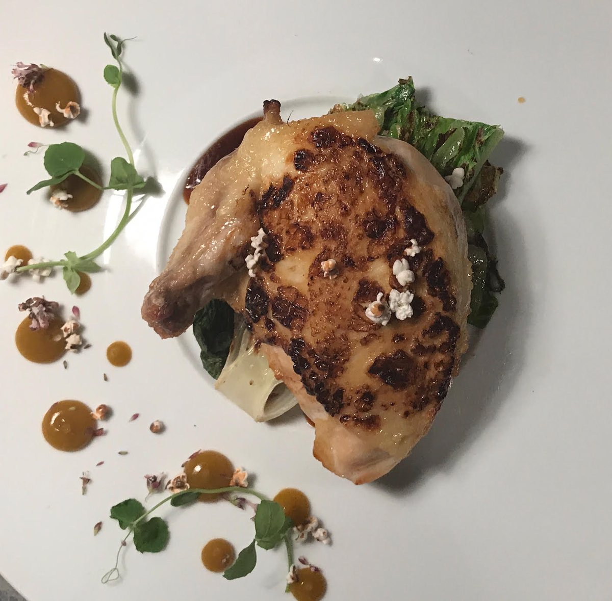 IndianRoadCafe's tweet photo. pictured is the french cut #chicken breast / grilled romaine / local pepper jam / potato and pastrami parfait #indianroadcafe https://t.co/jlG070vFsM