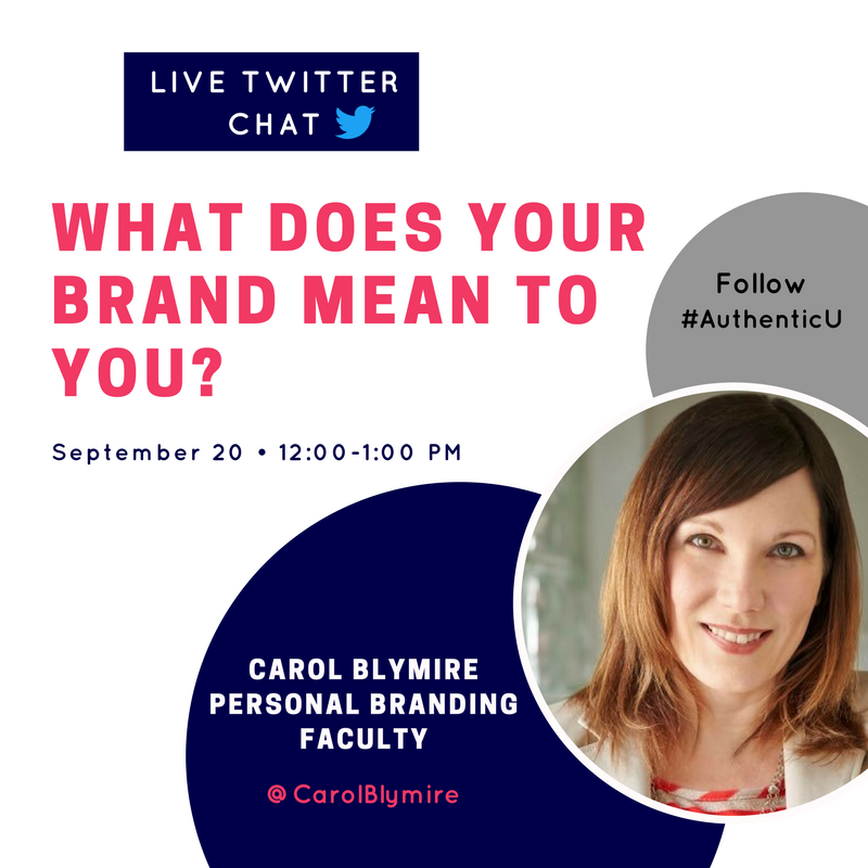 GeorgetownPRCC's tweet photo. Don't forget! Our live Twitter Chat "What Does Your Brand Mean To You?" w/ @CarolBlymire is this Wed, 9/20 at 12pm! #AuthenticU https://t.co/XOaLr0bvC8