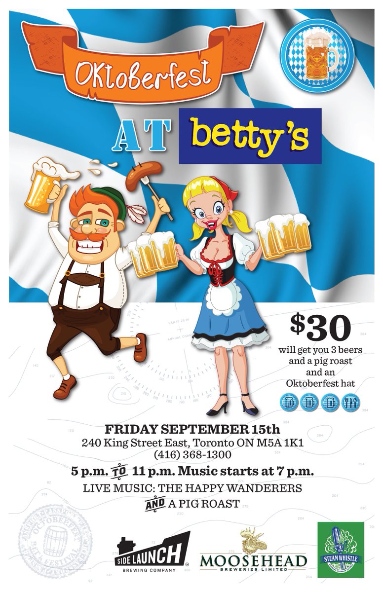 This FRIDAY Pig Roast! Live Band! 3 Featured Pints! $30 <a href="/BettysOnKing/">Betty's On King</a> Oktoberfest! #Oktoberfest #TorontoEvents