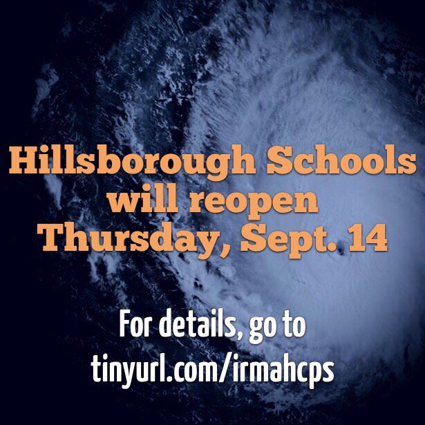 HillsboroughSch's tweet image. Hillsborough Schools will reopen Thursday, September 14. Please get details at tinyurl.com/irmahcps