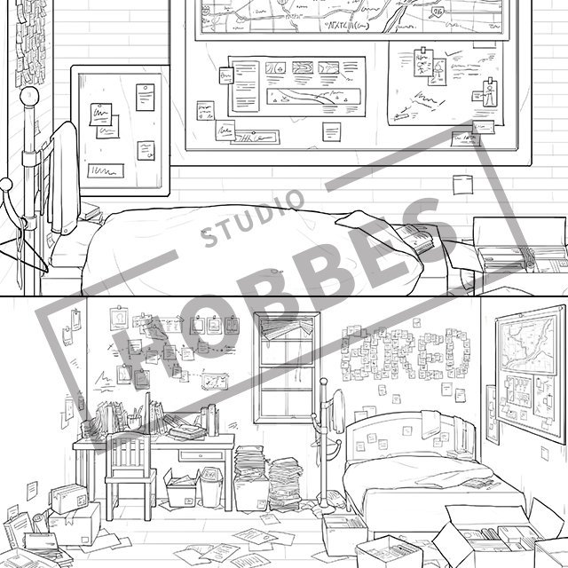 컨셉아트때 살짝 보여드렸던, 셜록과 왓슨이 함께 지내고 있는 기숙사 221호의 디테일해진 스케치를 공개합니다~! 셜록의 성격이 그대로 묻어나는 방이죠?