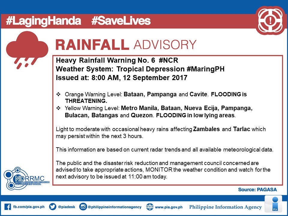 PIADesk's tweet photo. ADVISORY: Areas experiencing heavy rainfall as of 8:00 AM today, 12 September 2017.

#LagingHanda | #SaveLives | #MaringPH https://t.co/Gq9XVTNxDx