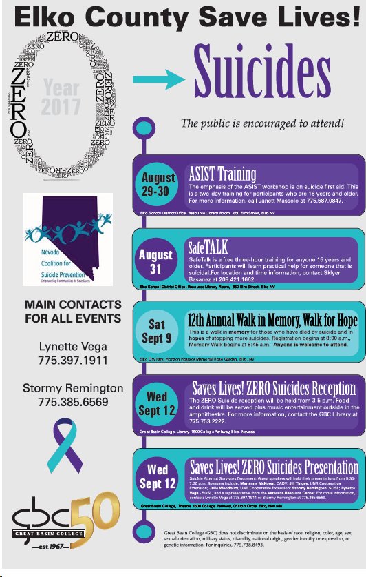 The last two events for the Elko County Saves Lives! Zero Suicides will be held tomorrow evening.

We hope to see you there!