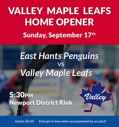 <a href="/ValleyMapleLeaf/">Valley Maple Leafs</a> vs. @EHJrBPens Sunday at 5:30pm Newport District Rink.