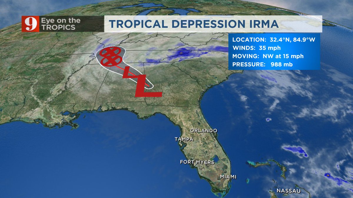 TTerryWFTV's tweet photo. Irma weakens to a tropical depression. #WFTV https://t.co/TmALYXlRpD