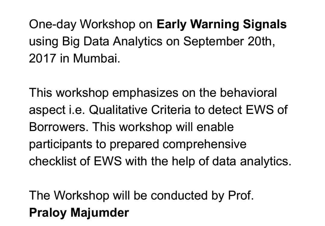 disseminare's tweet photo. Inviting #Banking #Professionals to the #Workshop on #EarlyWarningSignals using #BigData at #Mumbai on 20-Sep-17 #EWS

DM us to enroll. https://t.co/yu6naVOEsB