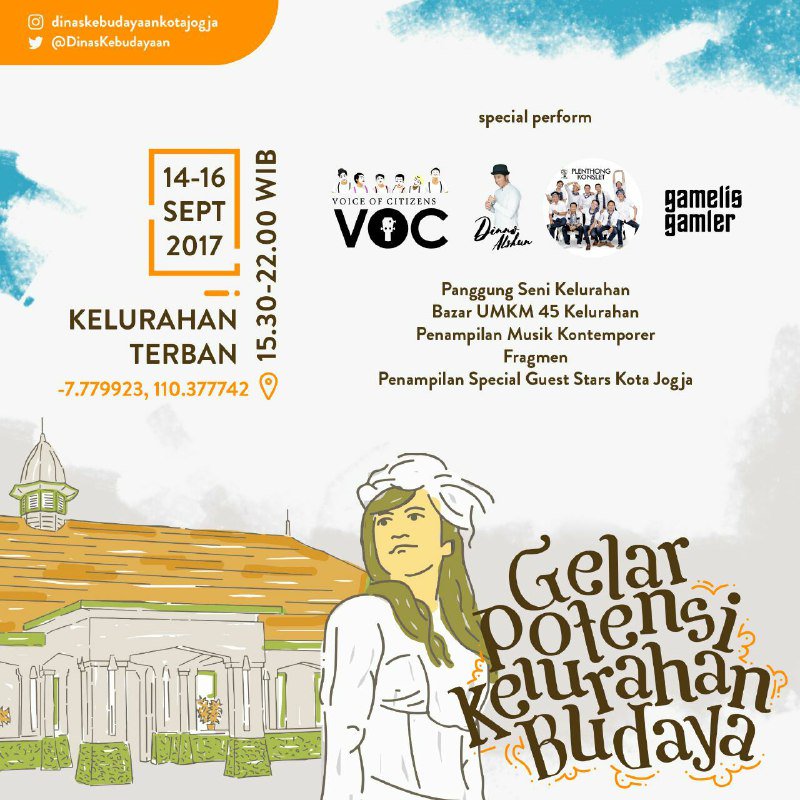 DinasKebudayaan's tweet photo. Gelar Potensi Kelurahan Budaya | 14-16 September 2017 | 15.30-22.00 WIB | Kelurahan Terban, Jalan Kartini | @jogjapunyaacara https://t.co/oyy6p011uj