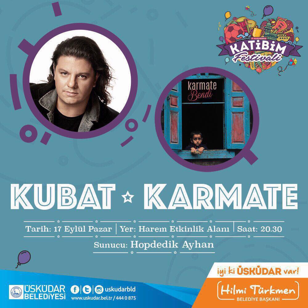 Pazar <a href="/uskudarbld/">Üsküdar Belediyesi</a> Katibim Şenlikleri✔️ Benim sunumumla <a href="/kubatcomtr/">kubat</a> ve <a href="/grupkarmate/">Karmate</a> 👍🏻 @UskudarUKS <a href="/hilmiturkmen34/">Hilmi Türkmen</a> 
Şahane bir akşam olacak👏🏻