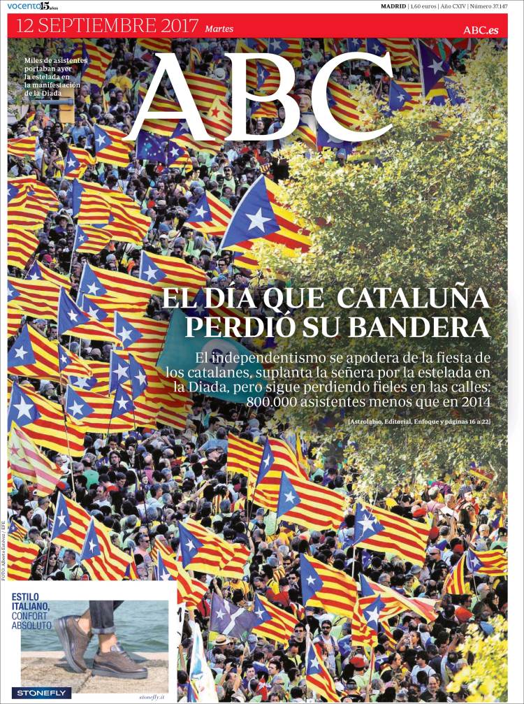 JoanCanela's tweet photo. ABC diu avui que la mani de la #Diada2017 perd 800.000 persones respecte 2014. Llavors va dir que hi havien anat 520.000 #portades https://t.co/LAQmgpvXdP