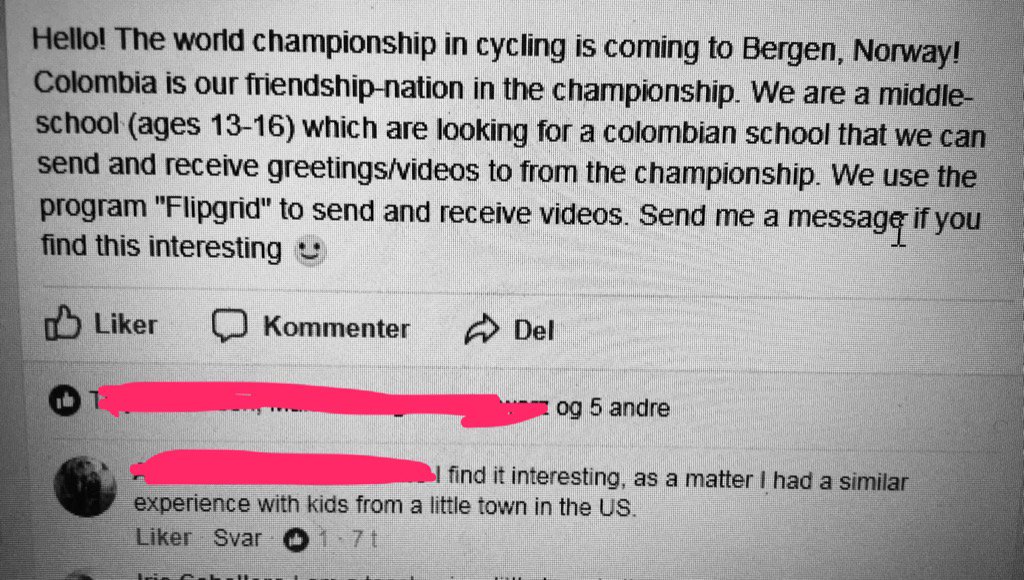 Starting to connect with friendship nations! #flipgrid #UCI <a href="/bergen2017/">Bergen 2017</a> #rotcycling <a href="/SkoleRothaugen/">Rothaugen skole</a> <a href="/jarlinsonpantan/">Jarlinson Pantano</a>