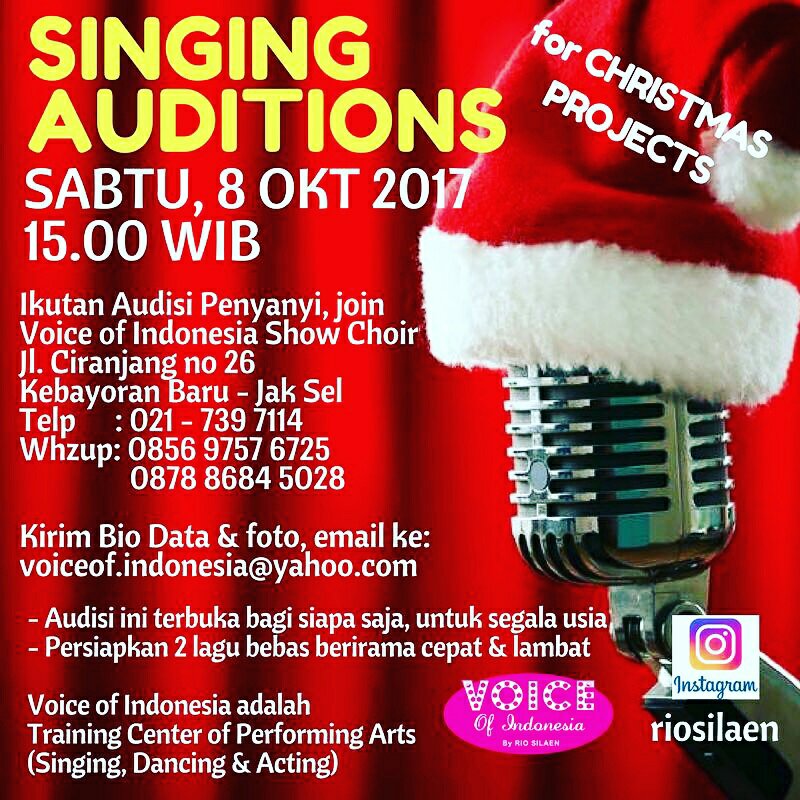 SAUDI NYANYI utk sgala usia. Join VOICE of INDONESIA - Performing Arts. Sing, Dance, Act. SABTU, 8 OKT. Cek info!