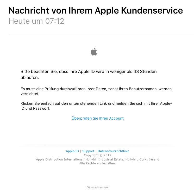 griech's tweet image. Achtung #phishing via mutmasslicher #apple Email von apple@apple.ch.
Man beachte das Deutsch.