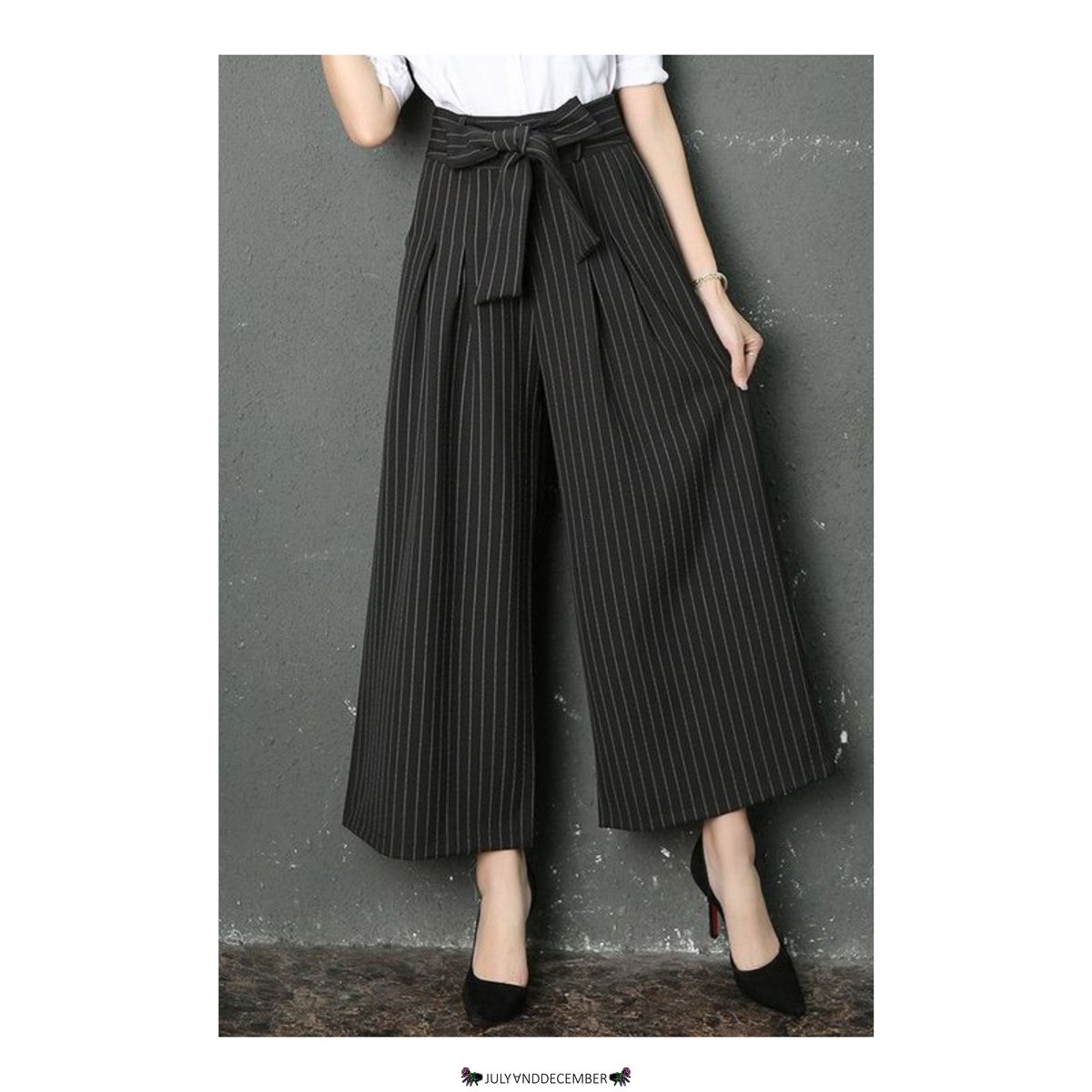 #JNDNewin Karell Black Tied Up Striped Loose Wide Legs Pant - Rp198,000 (cotton with belt - S/M/L/XL - waist 66,70,74,78cm - length 92cm)