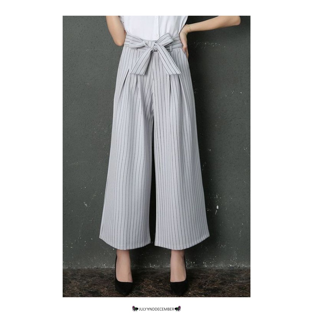 #JNDNewin Karell Grey Tied Up Striped Loose Wide Legs Pant - Rp198,000 (cotton with belt - S/M/L/XL - waist 66,70,74,78cm - length 92cm)