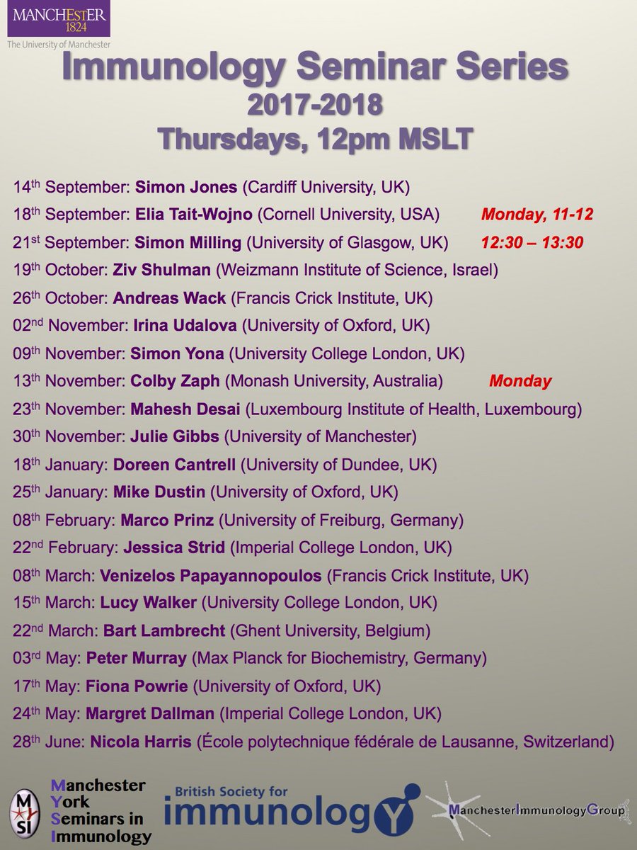 ProfAndrewMac's tweet image. Cracking lineup of speakers for our coming season of #Immunology seminars @MancImmunoGroup
