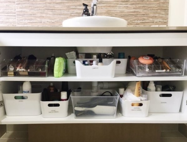 Teenage girls' bathroom #organised! We allocated each girl a side of the cabinet and labelled all their items #Home #Life #Sort
