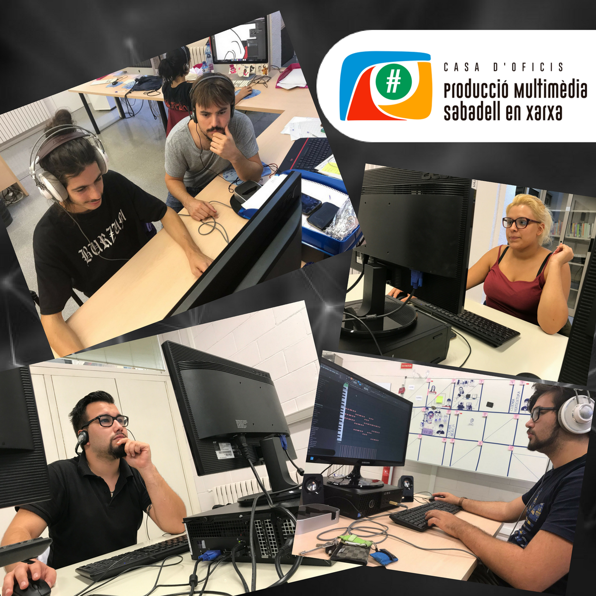 XarxaMediaTeam's tweet photo. La festa ja va acabar 😞, però nosaltres continuem 💪 
amb la feina sobre la #fmsbd17 aquí ens veieu a tots donant el 100%!!
#Work #Sabadell https://t.co/9zrTvORiR8