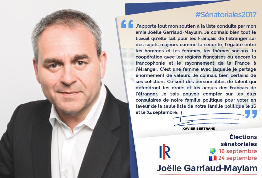 republicainsca's tweet photo. Merci à Xavier Bertrand pour son soutien à Joëlle Garriaud-Maylam et ses colistiers pour la sénatoriale des 🇫🇷 du 🌎🌍🌏 #aveclesrégions https://t.co/1EMBCxc34r