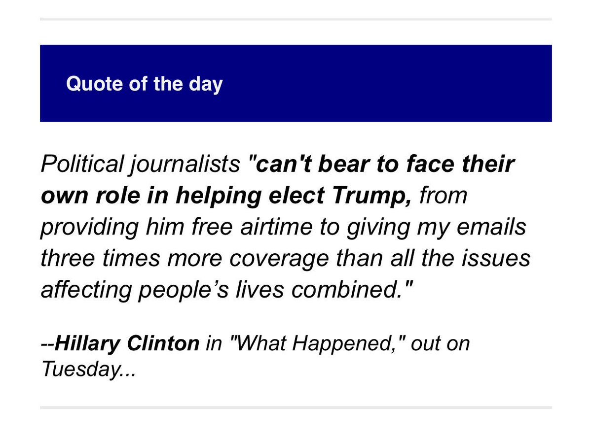 brianstelter's tweet image. Hillary Clinton: Political journalists "can't bear to face their own role in helping elect Trump" (bit.ly/2vQBYMK)
