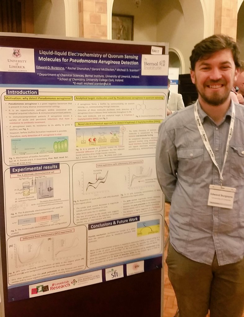 M_D_Scanlon's tweet image. Edward Burgoyne presenting his @IrishResearch funded PhD work using #softinterfaces to detect bacterial #biomarkers at #Electrochem2017
