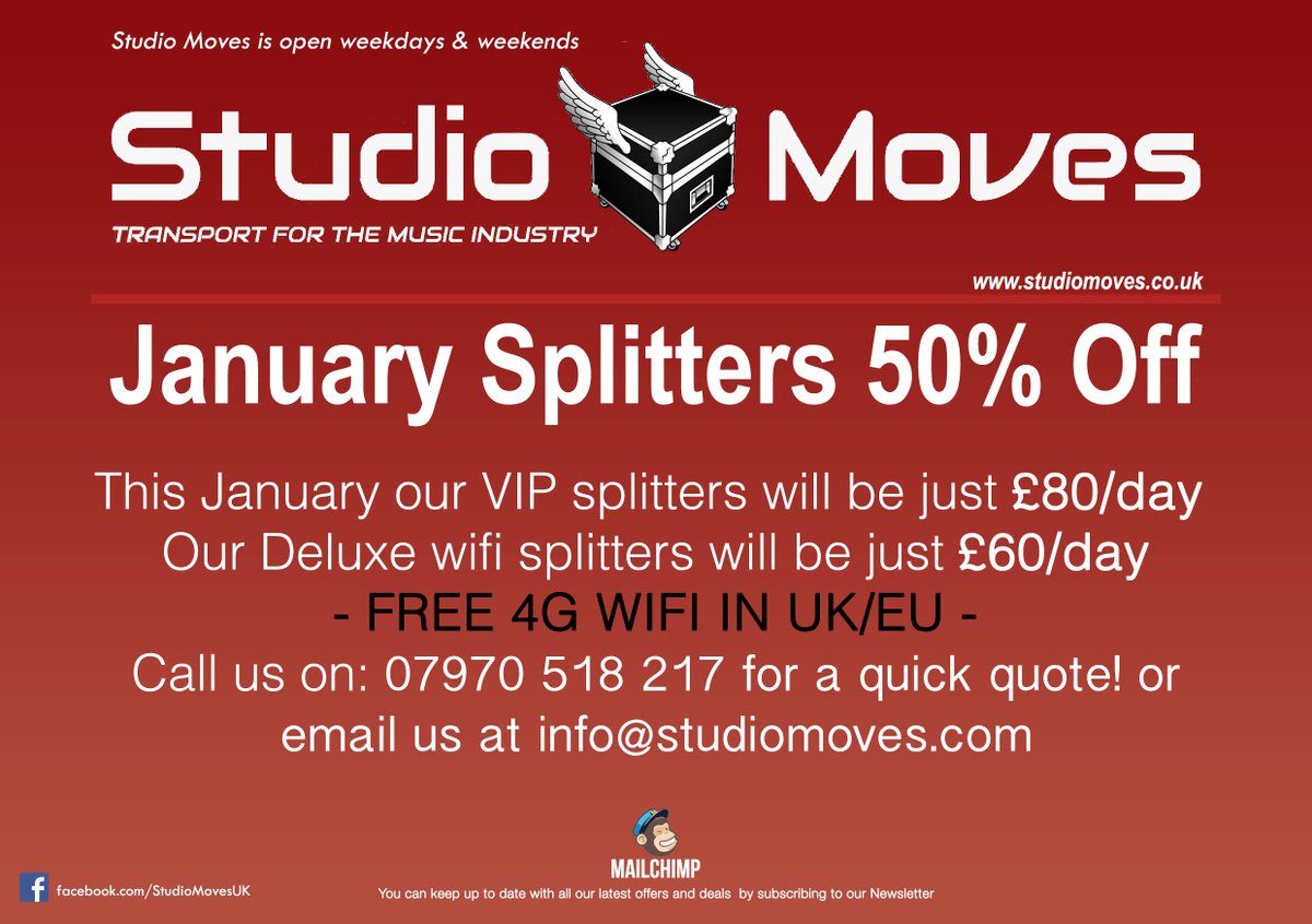 StudioMovesUK's tweet photo. BREAKING NEWS - 50% OFF all splitter hires in JANUARY 2018! #TuesdayThoughts #Studiomoves #music #musicindustry https://t.co/uFo4t5y8ip