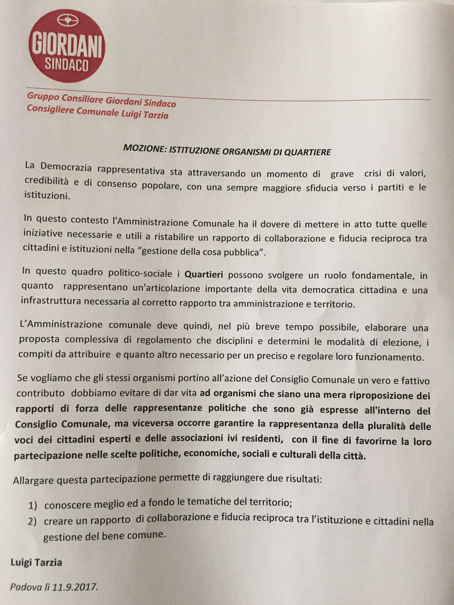 #Padova :Consiglio Comunale dell'11.9.2017: di seguito il mio intervento in tema di "Istituzione Organismi di Quartiere" <a href="/comunepadova/">Comune di Padova</a>